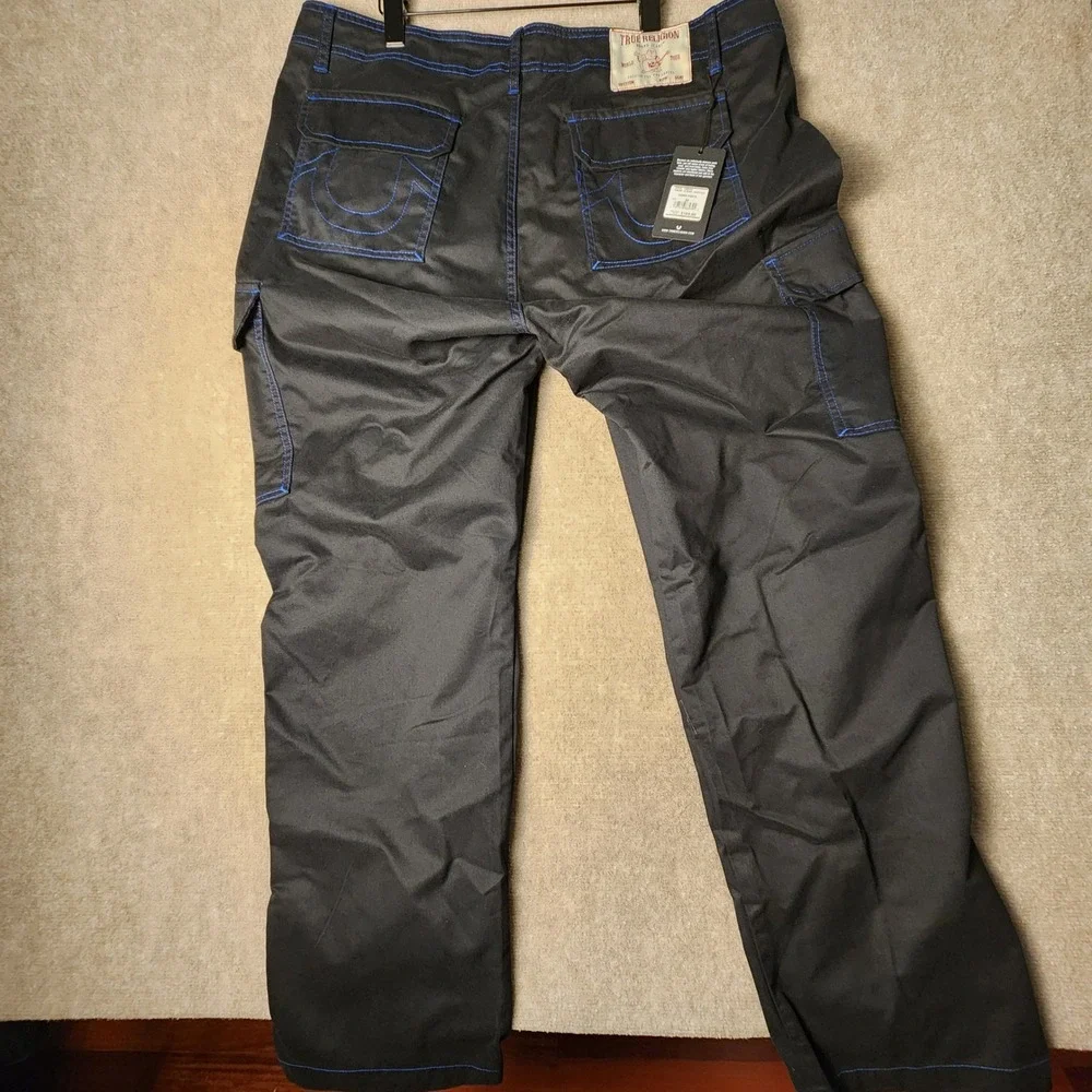 True Religion Cargo Pants‎ Mens Black Blue Contrast Stitch Utility Workwear